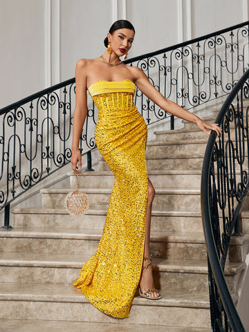 Trish Strapless Sequin Split Maxi Dress