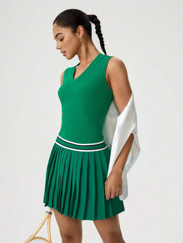 Tropiluxe Women Sleeveless Contrast Striped Pleated Hem Dress