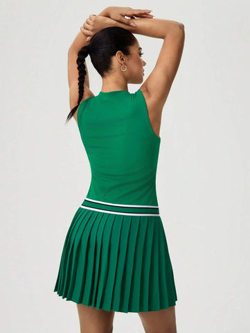 Tropiluxe Women Sleeveless Contrast Striped Pleated Hem Dress