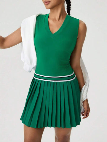 Tropiluxe Women Sleeveless Contrast Striped Pleated Hem Dress