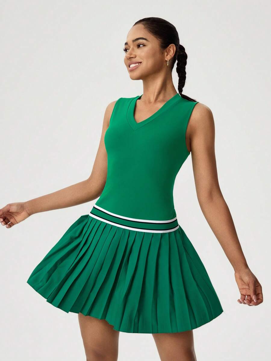 Tropiluxe Women Sleeveless Contrast Striped Pleated Hem Dress