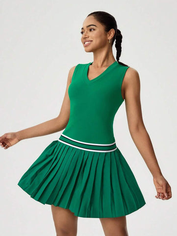 Tropiluxe Women Sleeveless Contrast Striped Pleated Hem Dress