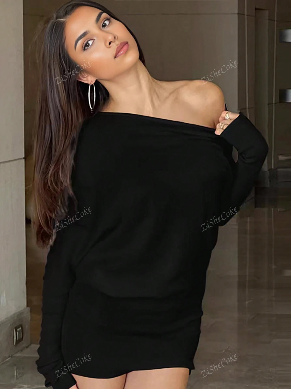 Tshirt Dress Women - Sexy Black Dress Off The Shoulder Slope Neck Long Sleeve Ruched Dress Bodycon Mini Club Dress