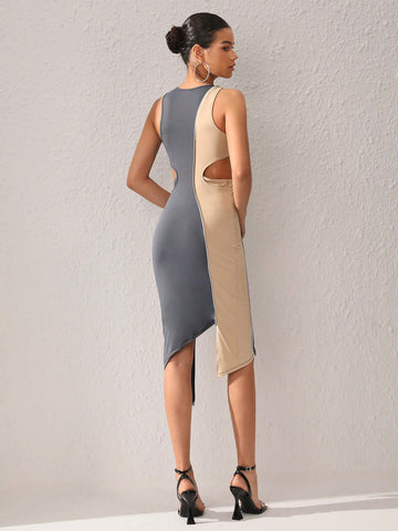 Women'S Hollow-Out Waist Asymmetrical Hem Sleeveless Dress