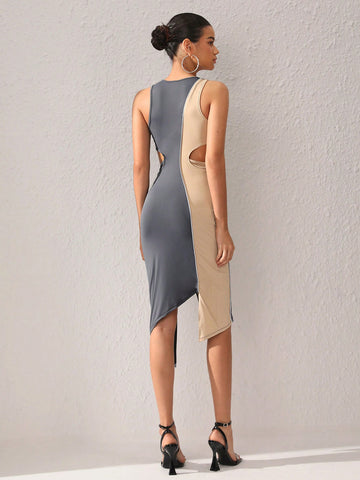 Women'S Hollow-Out Waist Asymmetrical Hem Sleeveless Dress