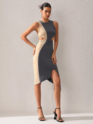 Women'S Hollow-Out Waist Asymmetrical Hem Sleeveless Dress