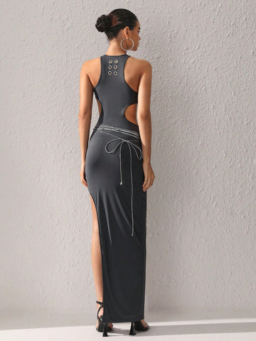 Women'S Sleeveless Asymmetrical Hem Dress With Grommet Eyelet Decoration