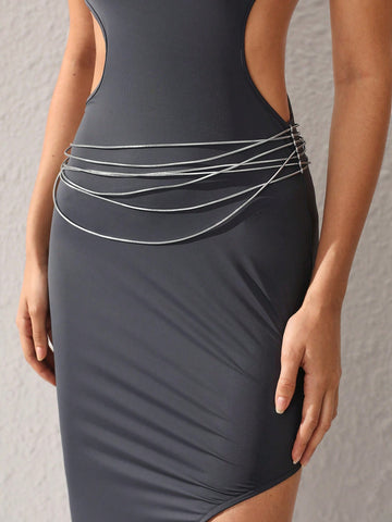Women'S Sleeveless Asymmetrical Hem Dress With Grommet Eyelet Decoration
