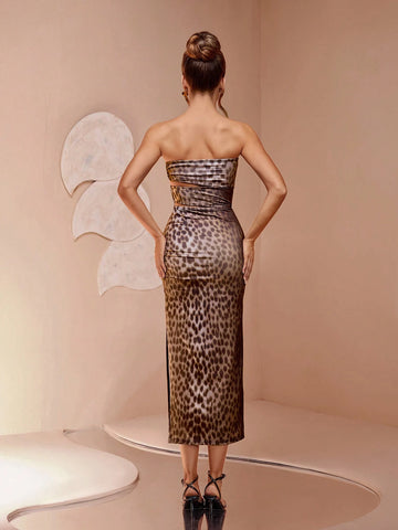 Tube Digital Leopard Print Bandeau Sleeveless High Waisted Bodycon Midi Dress, Sophisticated & Unique, Suitable For All Occasions Like Parties, Graduations, Events