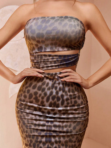 Tube Digital Leopard Print Bandeau Sleeveless High Waisted Bodycon Midi Dress, Sophisticated & Unique, Suitable For All Occasions Like Parties, Graduations, Events