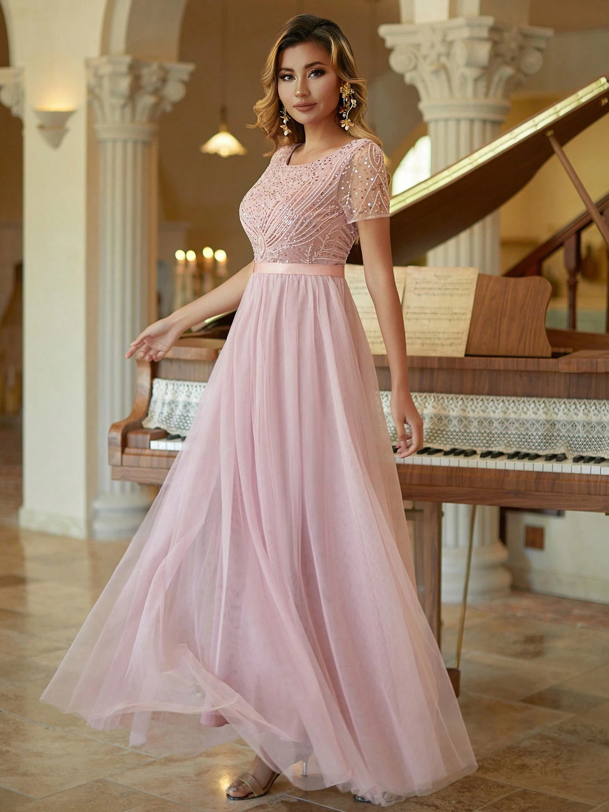 Tulle Column Prom Dress Beaded Short Sleeves Bridesmaid Dress