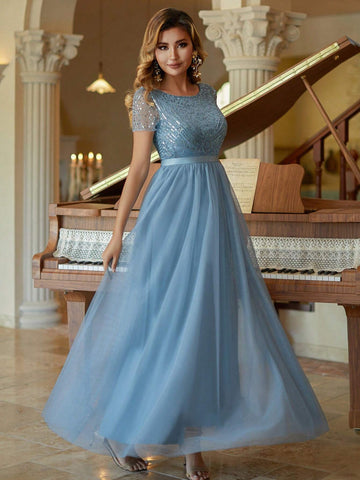 Tulle Column Prom Dress Beaded Short Sleeves Bridesmaid Dress