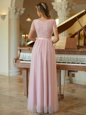 Tulle Column Prom Dress Beaded Short Sleeves Bridesmaid Dress
