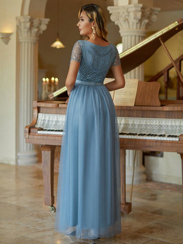 Tulle Column Prom Dress Beaded Short Sleeves Bridesmaid Dress