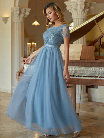 Tulle Column Prom Dress Beaded Short Sleeves Bridesmaid Dress