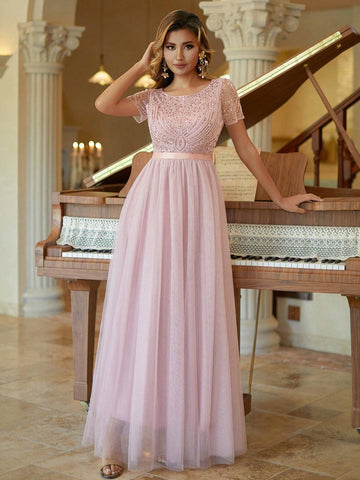 Tulle Column Prom Dress Beaded Short Sleeves Bridesmaid Dress