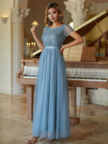 Tulle Column Prom Dress Beaded Short Sleeves Bridesmaid Dress