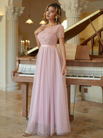 Tulle Column Prom Dress Beaded Short Sleeves Bridesmaid Dress