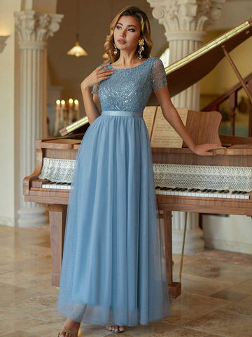 Tulle Column Prom Dress Beaded Short Sleeves Bridesmaid Dress