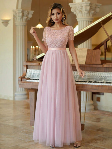 Tulle Column Prom Dress Beaded Short Sleeves Bridesmaid Dress