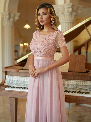 Tulle Column Prom Dress Beaded Short Sleeves Bridesmaid Dress