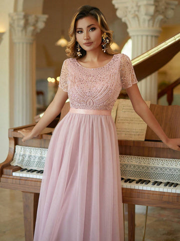 Tulle Column Prom Dress Beaded Short Sleeves Bridesmaid Dress