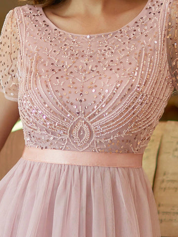 Tulle Column Prom Dress Beaded Short Sleeves Bridesmaid Dress