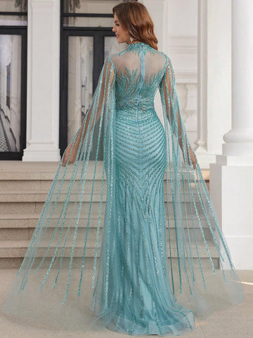 Turquoise Luxury Dubai Formal Evening Dresses Long Hand Beading Mermaid Prom Gown With Long Sleeves High Neck