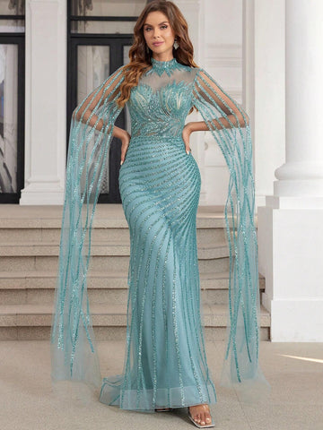 Turquoise Luxury Dubai Formal Evening Dresses Long Hand Beading Mermaid Prom Gown With Long Sleeves High Neck