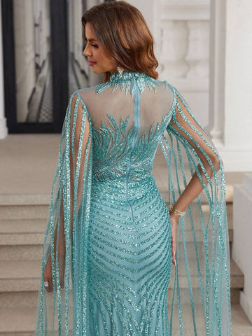 Turquoise Luxury Dubai Formal Evening Dresses Long Hand Beading Mermaid Prom Gown With Long Sleeves High Neck
