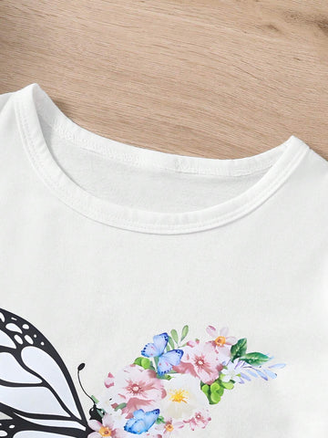Tween Girl Butterfly & Flower Printed Short Sleeve T-Shirt And Paper Bag Waist Belt Shorts For Summer