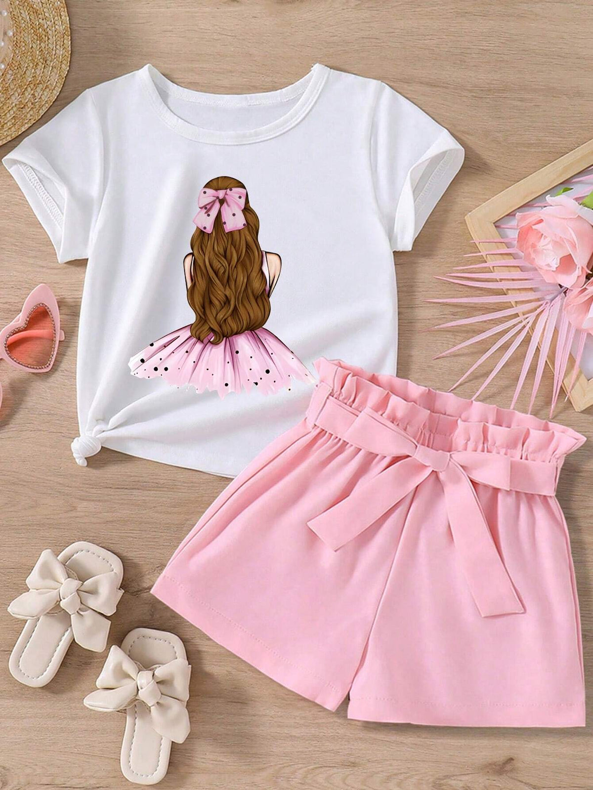 Tween Girls' Cartoon Character Back Print Short Sleeve Top And Paper Bag Waist Shorts