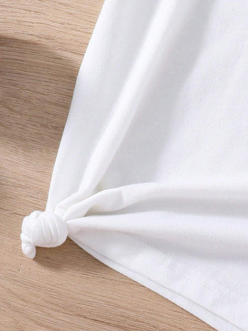 Tween Girls' Cartoon Character Back Print Short Sleeve Top And Paper Bag Waist Shorts