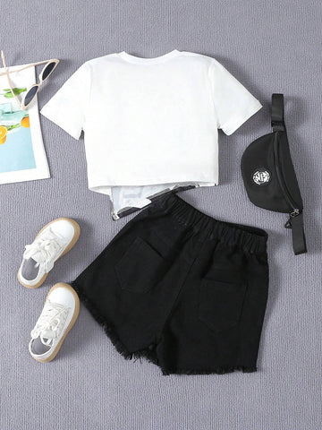 Tween Girls' Comfortable Casual Portrait Print Top And Black Ripped Shorts 2pcs Set