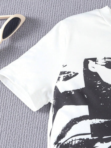 Tween Girls' Comfortable Casual Portrait Print Top And Black Ripped Shorts 2pcs Set