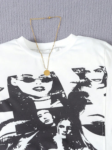 Tween Girls' Comfortable Casual Portrait Print Top And Black Ripped Shorts 2pcs Set