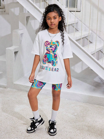 Tween Girls' Cool Street Style Bear Printed Round Neck Short Sleeve T-Shirt With Heart Printed Shorts Set For Spring/Summer