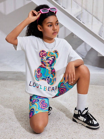 Tween Girls' Cool Street Style Bear Printed Round Neck Short Sleeve T-Shirt With Heart Printed Shorts Set For Spring/Summer