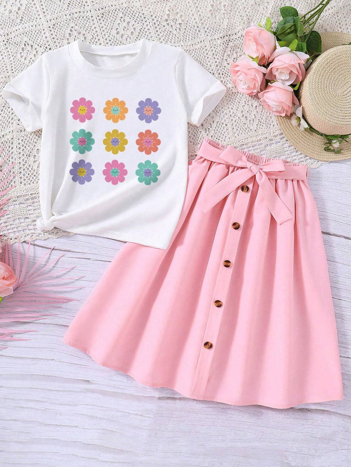 Tween Girls' Flower Pattern Printed Short Sleeve T-Shirt And Belted A-Line Skirt For Spring/Summer