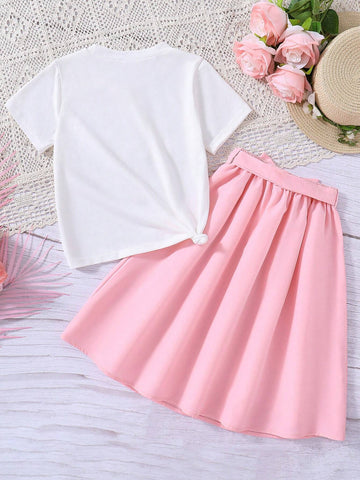 Tween Girls' Flower Pattern Printed Short Sleeve T-Shirt And Belted A-Line Skirt For Spring/Summer