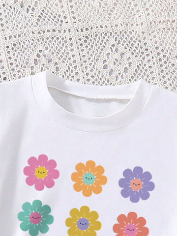 Tween Girls' Flower Pattern Printed Short Sleeve T-Shirt And Belted A-Line Skirt For Spring/Summer