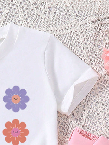 Tween Girls' Flower Pattern Printed Short Sleeve T-Shirt And Belted A-Line Skirt For Spring/Summer