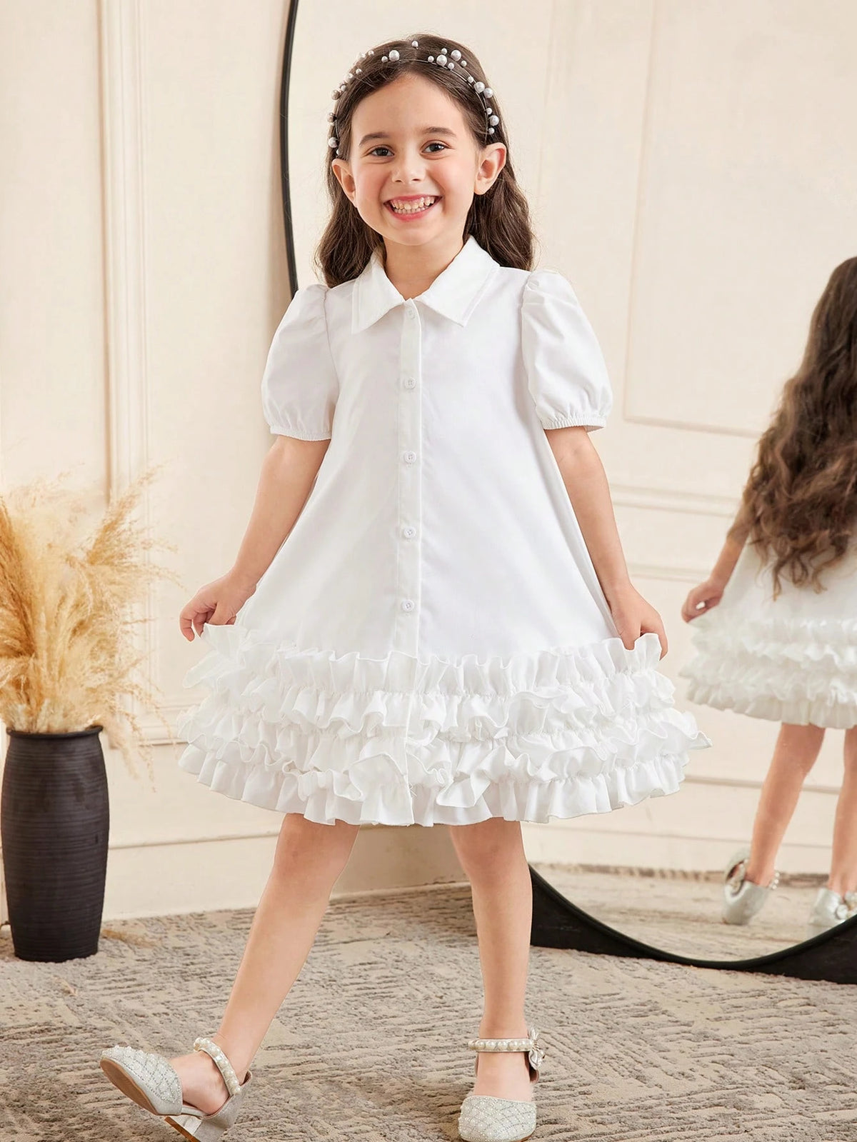 Tween Girls Loose Casual Minimalist Comfortable Collared Puff Sleeve Ruffle Hem Dress