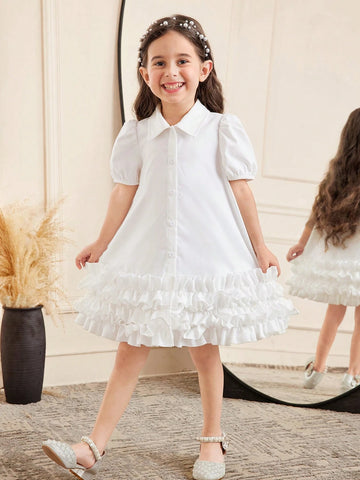 Tween Girls Loose Casual Minimalist Comfortable Collared Puff Sleeve Ruffle Hem Dress