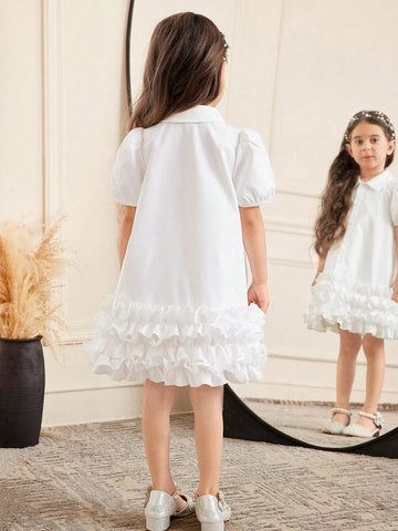 Tween Girls Loose Casual Minimalist Comfortable Collared Puff Sleeve Ruffle Hem Dress