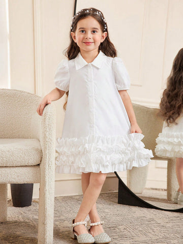 Tween Girls Loose Casual Minimalist Comfortable Collared Puff Sleeve Ruffle Hem Dress