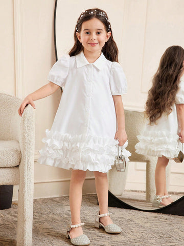 Tween Girls Loose Casual Minimalist Comfortable Collared Puff Sleeve Ruffle Hem Dress