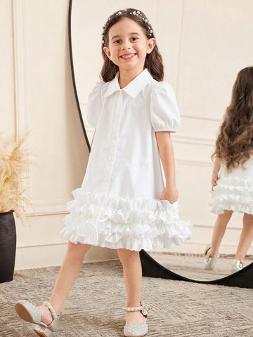 Tween Girls Loose Casual Minimalist Comfortable Collared Puff Sleeve Ruffle Hem Dress