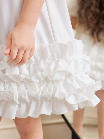 Tween Girls Loose Casual Minimalist Comfortable Collared Puff Sleeve Ruffle Hem Dress