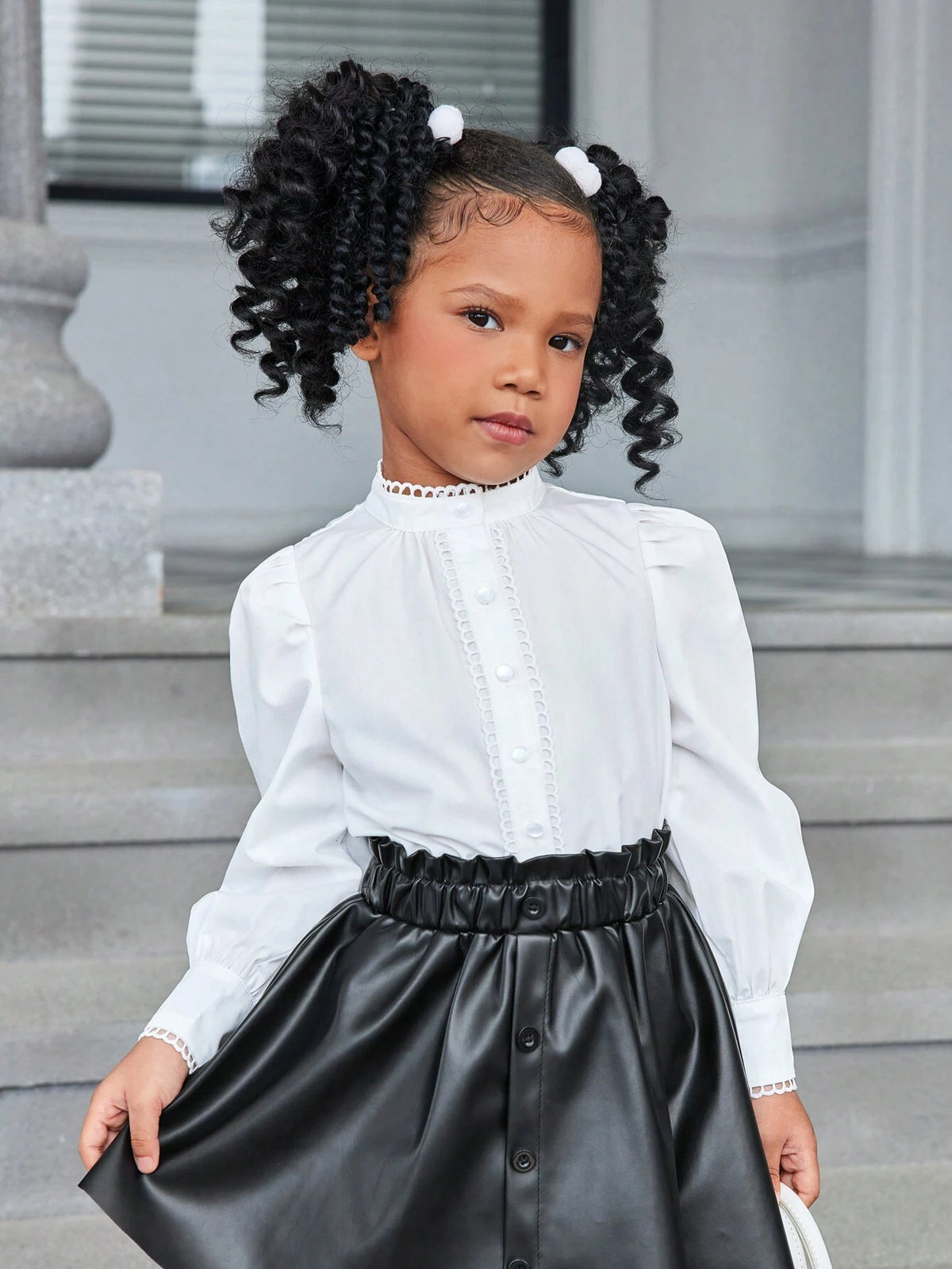 Tween Girls' Plain Woven Long Sleeve Stand Collar Casual Blouse Top